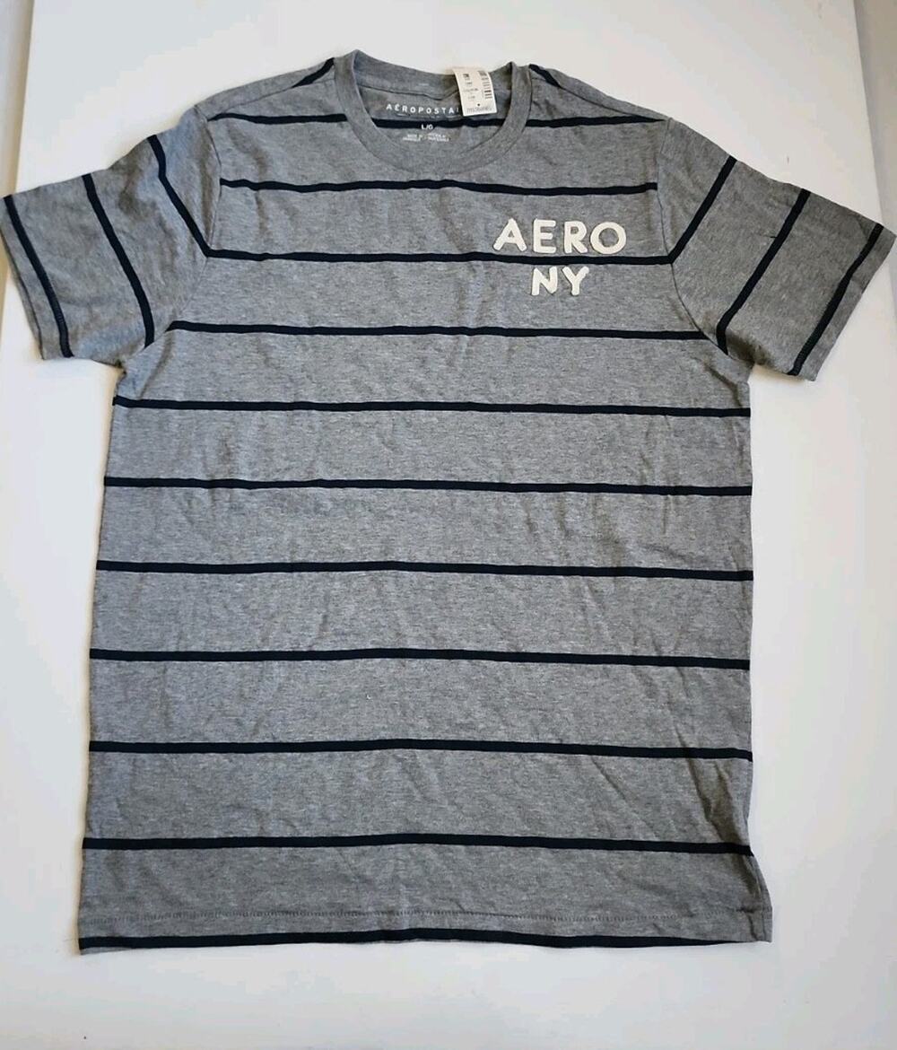 Aéropostale Men's Large Graphic Logo T-Shirt Grey Blue Striped Coastal Y2K